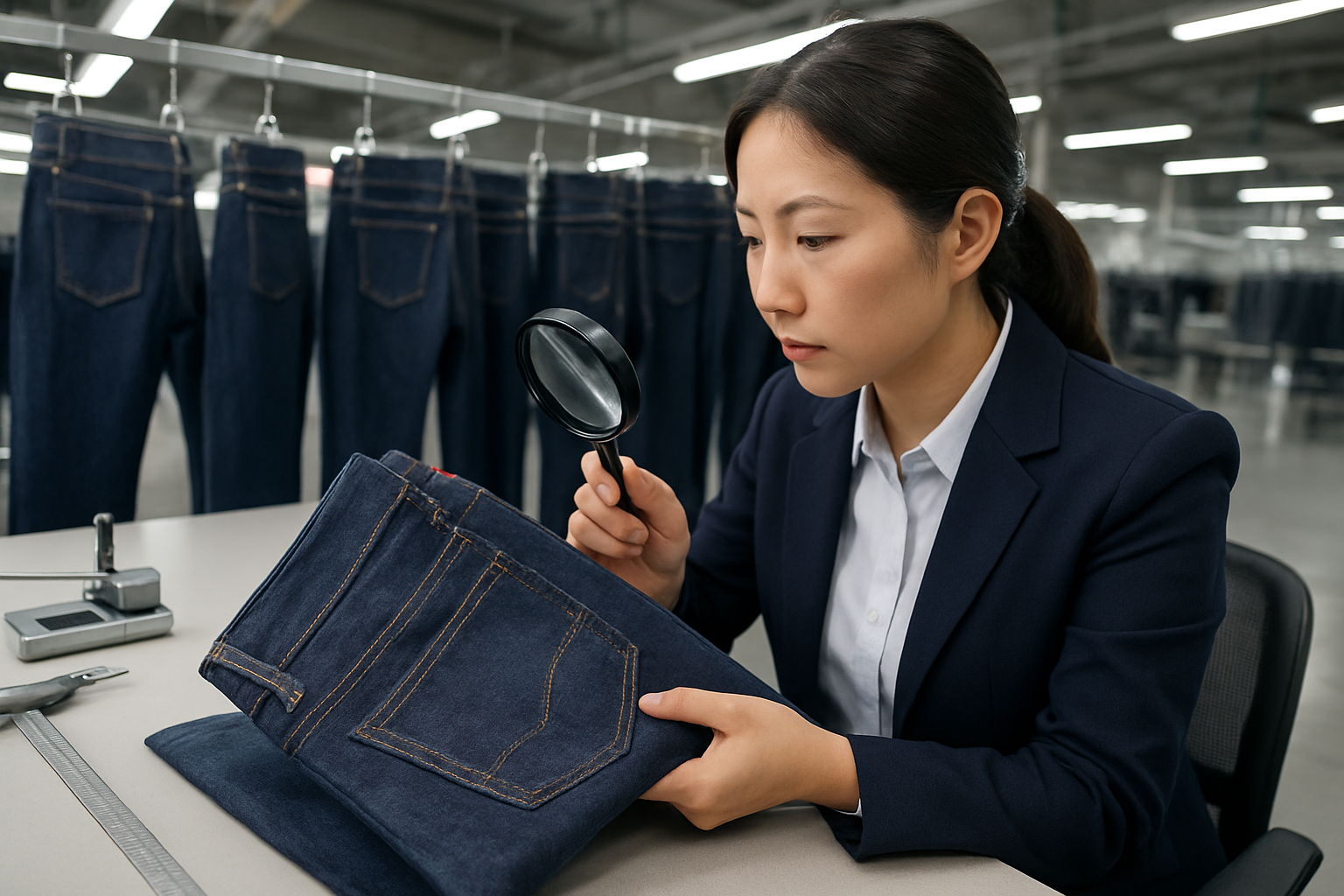 Create a realistic image of a modern denim manufacturing facility quality control station showing detailed inspection of custom denim jeans, featuring an Asian female quality inspector in professional attire examining denim fabric texture and stitching with a magnifying glass, multiple pairs of premium denim jeans hanging on inspection racks in the background, bright industrial lighting illuminating the clean workspace, professional measuring tools and fabric testing equipment visible on the inspection table, conveying precision and attention to detail in a contemporary manufacturing environment, absolutely NO text should be in the scene.