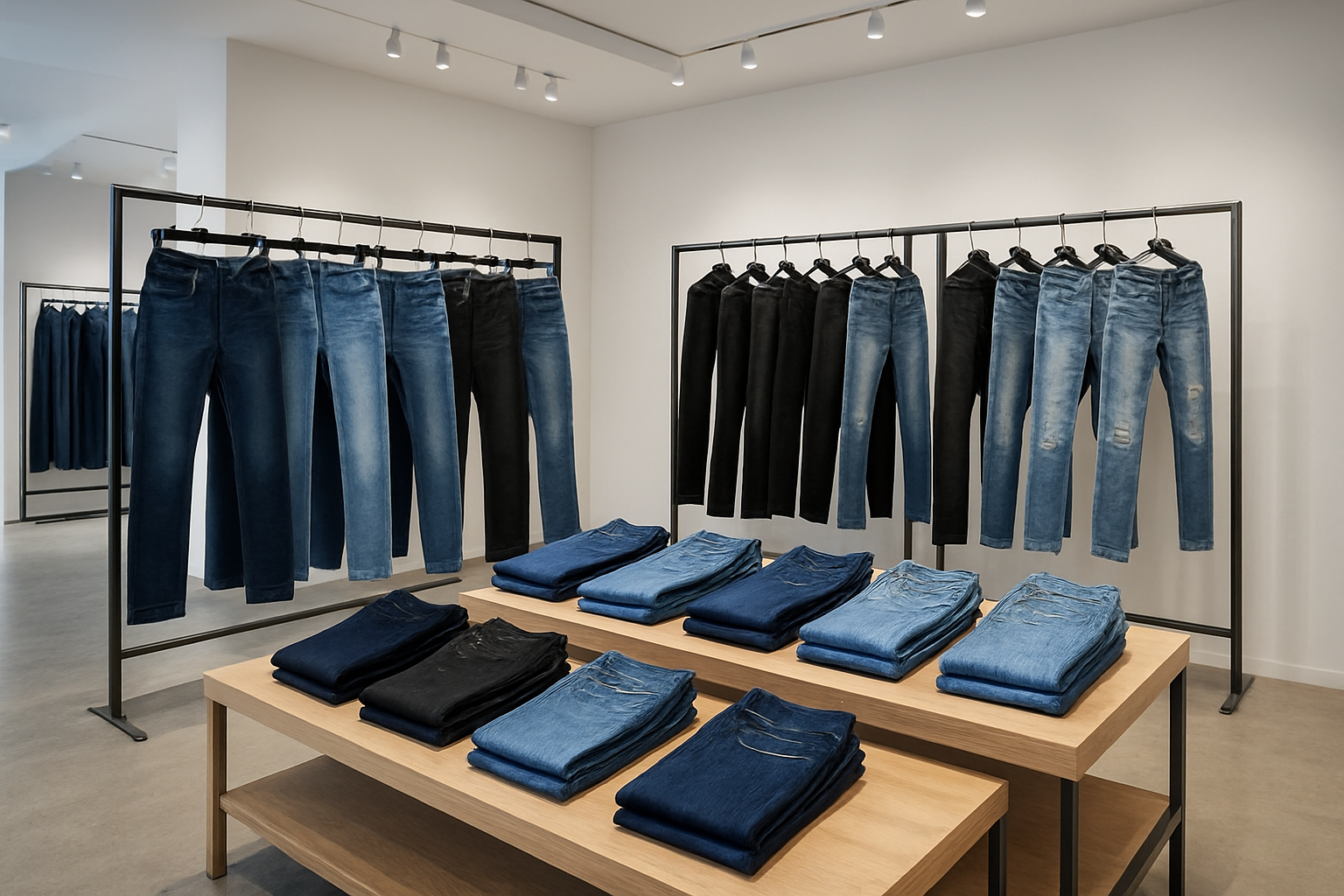 Create a realistic image of a modern retail fashion showroom displaying various denim jeans arranged on sleek metal racks and wooden display tables, showcasing different wash categories including dark indigo, light blue, black, stone-washed, and distressed finishes, with professional retail lighting illuminating the fabric textures, clean white walls in the background, polished concrete floors, and a sophisticated commercial fashion environment that conveys trend forecasting and wholesale buying atmosphere, absolutely NO text should be in the scene.