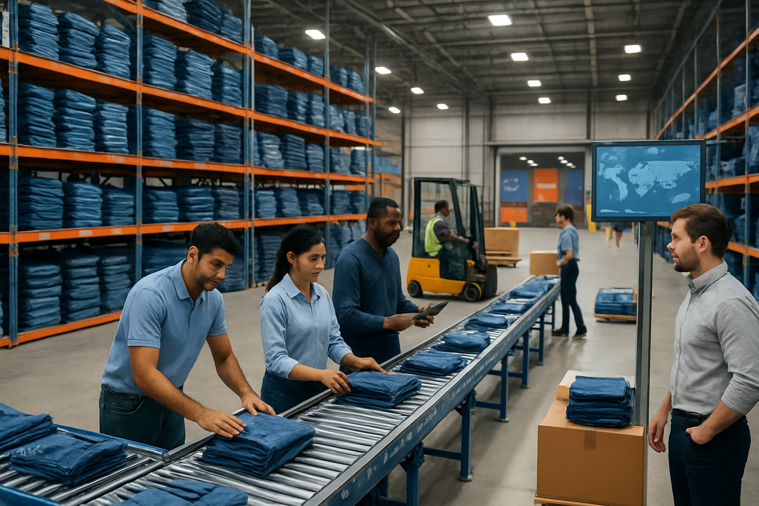 Create a realistic image of a modern logistics warehouse with Indian denim products being efficiently processed through an advanced supply chain operation, featuring diverse workers including South Asian male and female employees alongside white and black male workers coordinating shipments, with organized shelves of denim merchandise, automated conveyor systems, loading docks with international shipping containers marked with various country destinations, forklifts in motion, digital tracking screens displaying global delivery routes, bright industrial LED lighting creating a professional atmosphere of reliability and efficiency, with a clean organized environment showcasing seamless international distribution capabilities, absolutely NO text should be in the scene.