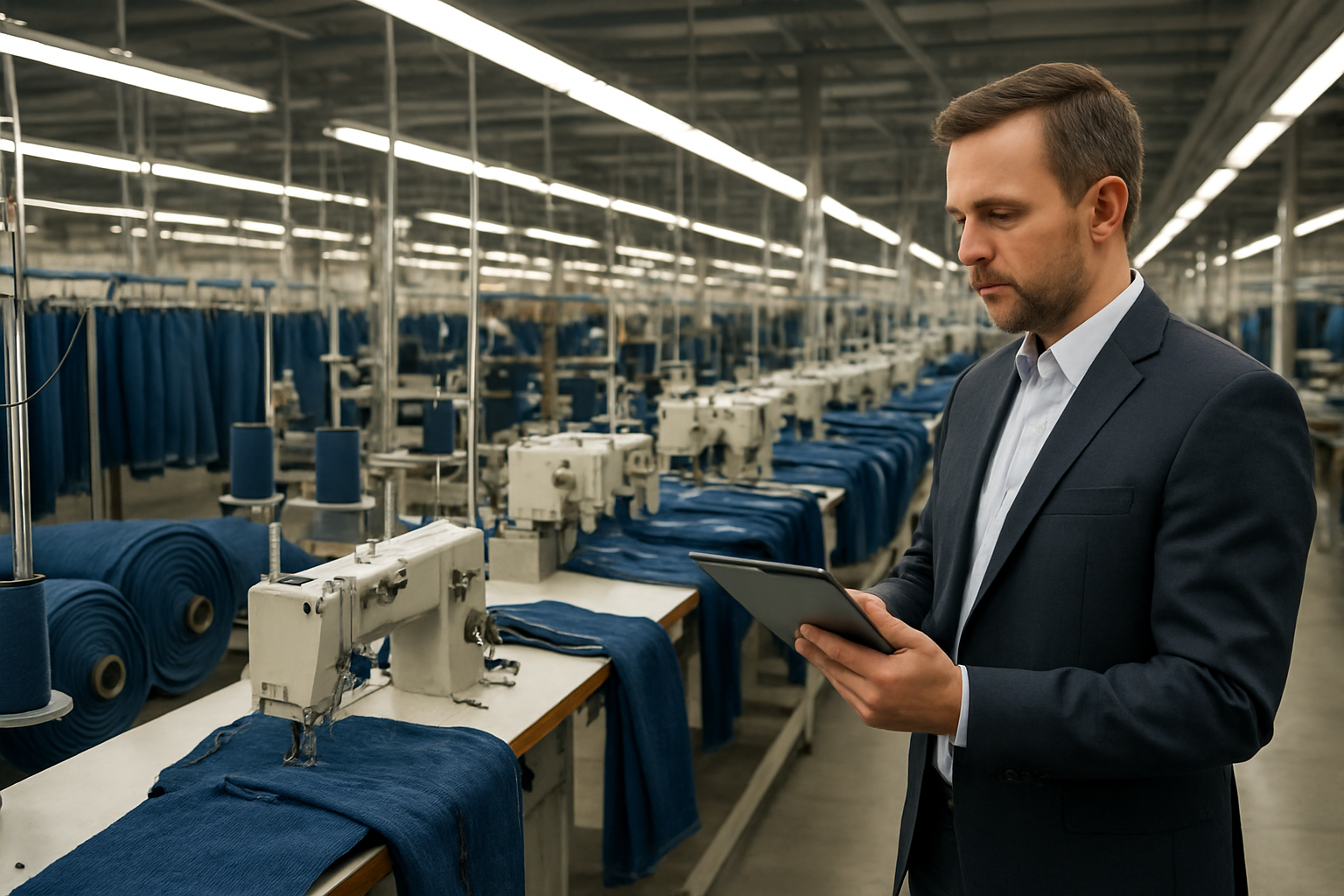 Create a realistic image of a modern textile manufacturing facility showing denim production with industrial sewing machines, rolls of denim fabric, and finished jeans hanging on racks, featuring a white male factory manager in business attire reviewing cost charts on a tablet while standing next to the production line, with bright industrial lighting illuminating the organized workspace and conveying efficiency and profitability in the background, absolutely NO text should be in the scene.
