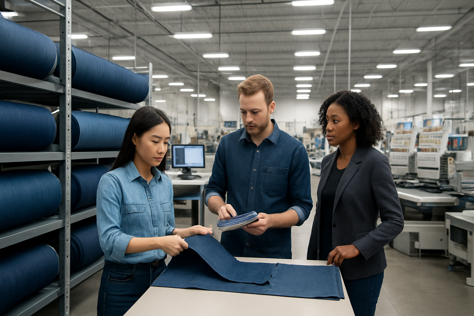 Create a realistic image of a modern textile manufacturing facility showcasing custom denim production, featuring rolls of premium denim fabric in various shades of blue displayed on industrial shelving, advanced computerized cutting machines and embroidery equipment in the background, a diverse group of three people including one Asian female quality inspector examining denim samples, one white male designer reviewing fabric swatches, and one black female production manager coordinating operations, bright industrial LED lighting illuminating the clean workspace, conveying innovation and efficiency in the denim manufacturing industry, absolutely NO text should be in the scene.