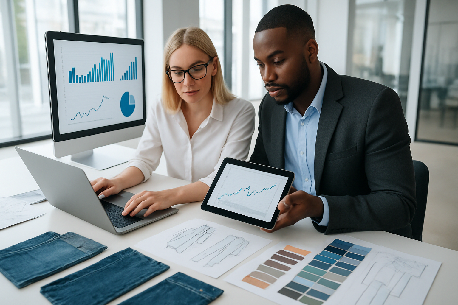 Create a realistic image of a modern fashion industry workspace showing upward trending graphs and charts displayed on digital screens and tablets, with various denim fabric samples, color swatches, and design sketches scattered across a sleek white desk, complemented by a white female fashion designer and a black male business analyst reviewing market data, set against a bright contemporary office environment with large windows providing natural lighting, conveying a professional and innovative atmosphere focused on market analysis and trend forecasting for the fashion industry, absolutely NO text should be in the scene.