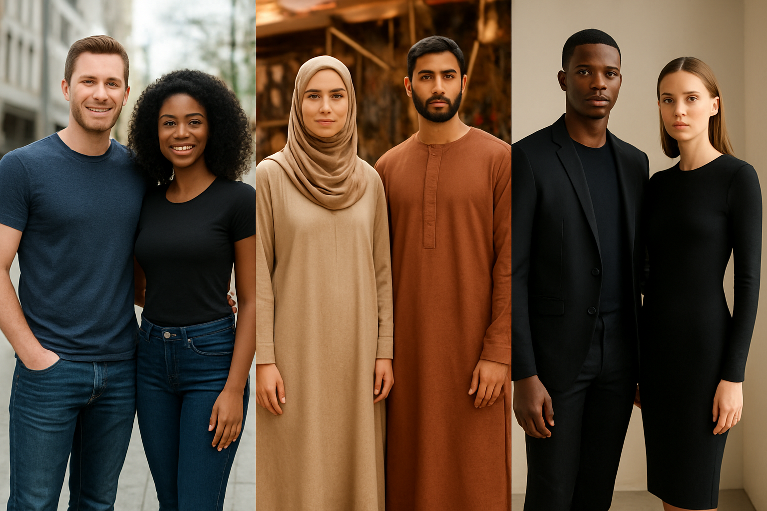 Create a realistic image of a diverse collage showing three distinct cultural clothing scenarios: on the left, a white male and black female wearing well-fitted American casual clothing like tailored jeans and fitted t-shirts in a modern urban setting; in the center, a white female and Middle Eastern male wearing modest, loose-fitting traditional and contemporary garments in warm earth tones against a marketplace backdrop; on the right, a black male and white female wearing sleek, form-fitting European fashion with clean lines in a minimalist contemporary setting, with soft natural lighting highlighting the different fit preferences and cultural influences on clothing choices across the three regions, Absolutely NO text should be in the scene.