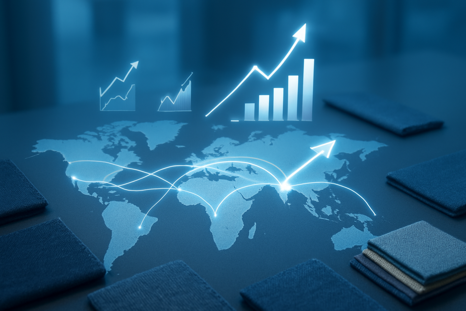 Create a realistic image of a world map with glowing connection lines linking India to Europe, America, and Asia, featuring upward trending arrow graphics and growth charts floating above the continents, with denim fabric swatches and textile samples scattered around the map edges, set against a modern corporate background with soft blue lighting that conveys expansion and opportunity, absolutely NO text should be in the scene.
