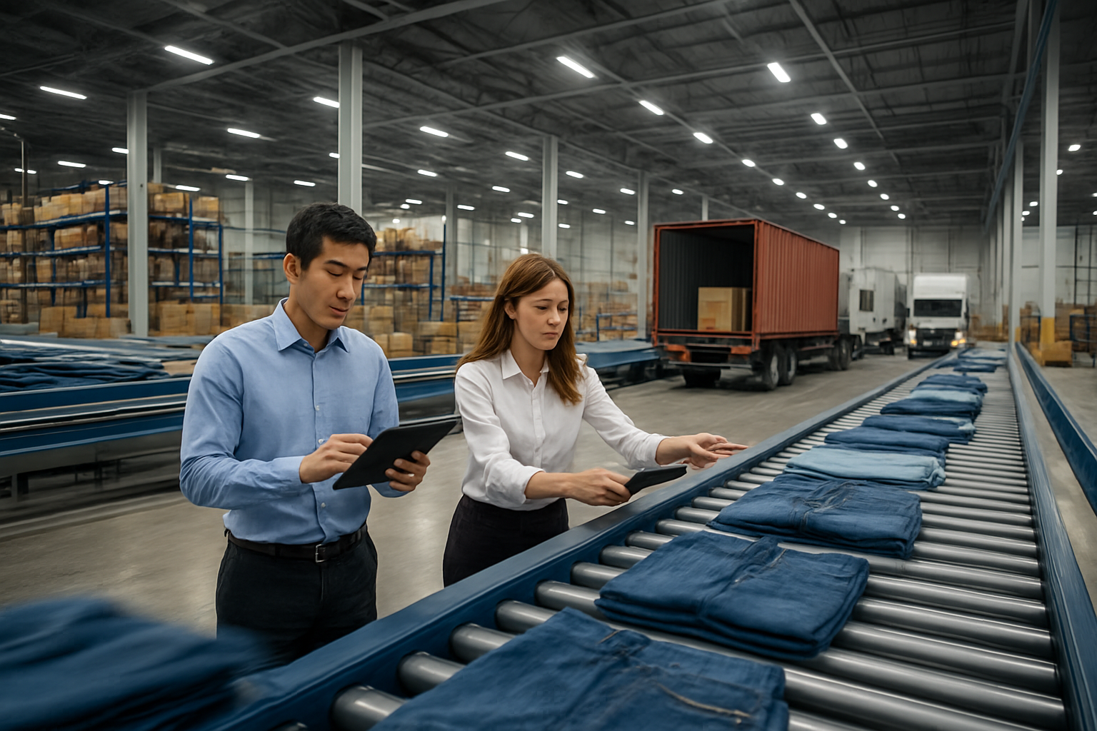 Create a realistic image of a modern logistics warehouse with denim jeans and clothing items moving rapidly through an automated conveyor belt system, featuring cargo containers being loaded onto delivery trucks in the background, with Asian male and white female warehouse managers coordinating operations using tablets, bright industrial lighting illuminating the efficient supply chain operations, conveying a sense of speed and organized movement in a clean, technology-driven distribution center environment. Absolutely NO text should be in the scene.