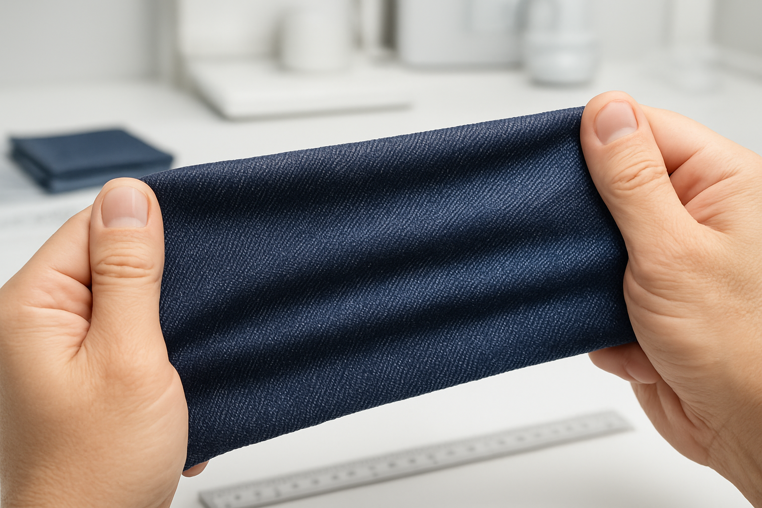 Create a realistic image of a close-up view of premium denim fabric being stretched by hands to demonstrate elasticity, showing the detailed weave and texture of stretch denim material with visible spandex fibers integrated into the cotton, set against a clean white laboratory or textile testing environment with professional lighting that highlights the fabric's flexibility and construction quality, with measuring tools and fabric samples visible in the soft-focused background. Absolutely NO text should be in the scene.