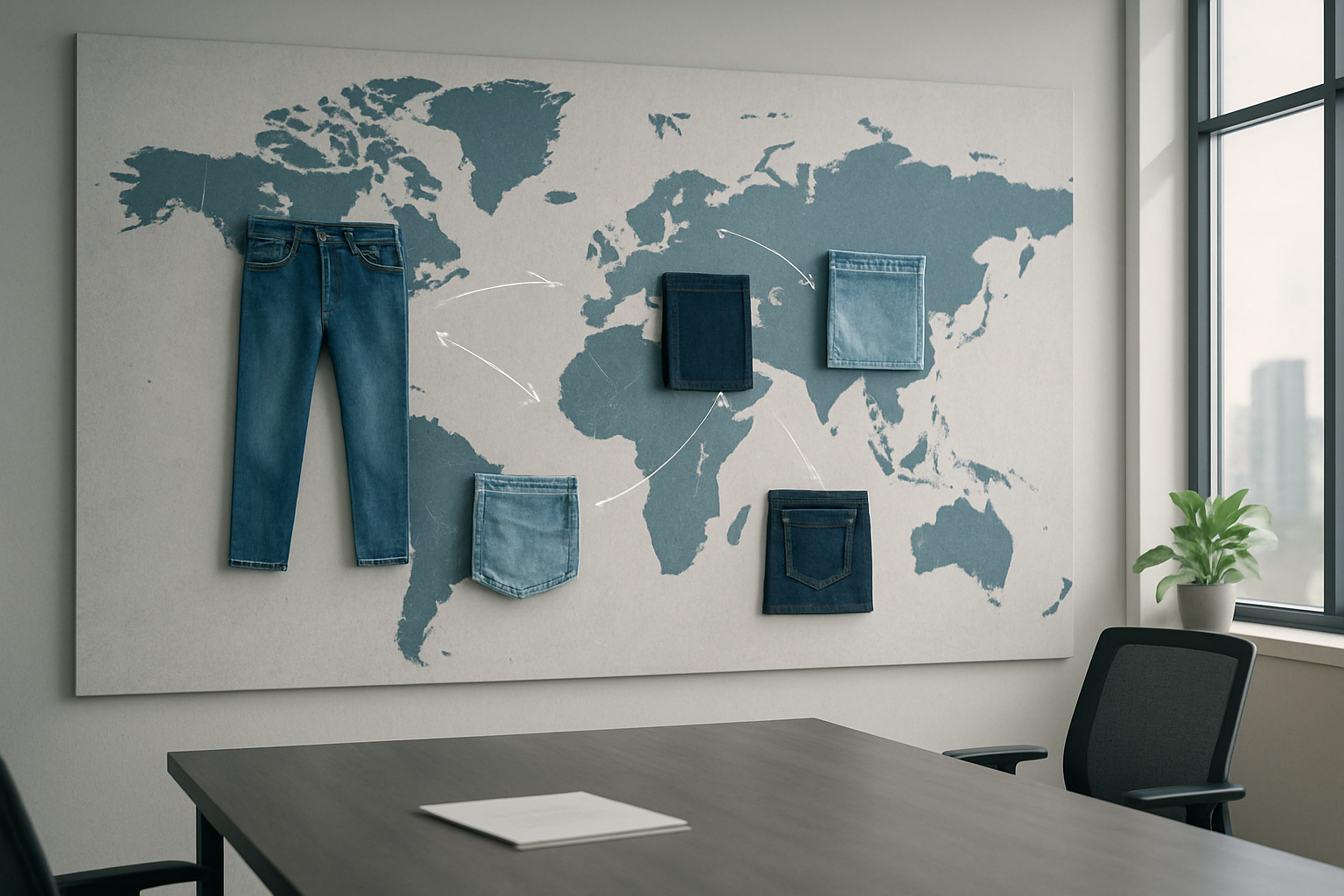Create a realistic image of a world map backdrop with different denim fabric swatches and jeans samples positioned over key global regions like North America, Europe, Asia, and South America, each region showcasing distinct denim washes ranging from light stonewashed to dark indigo to distressed vintage styles, with fashion trend arrows and connection lines linking the regions, modern minimalist office setting with soft natural lighting from large windows, professional atmosphere suggesting market research and global fashion industry analysis, absolutely NO text should be in the scene.