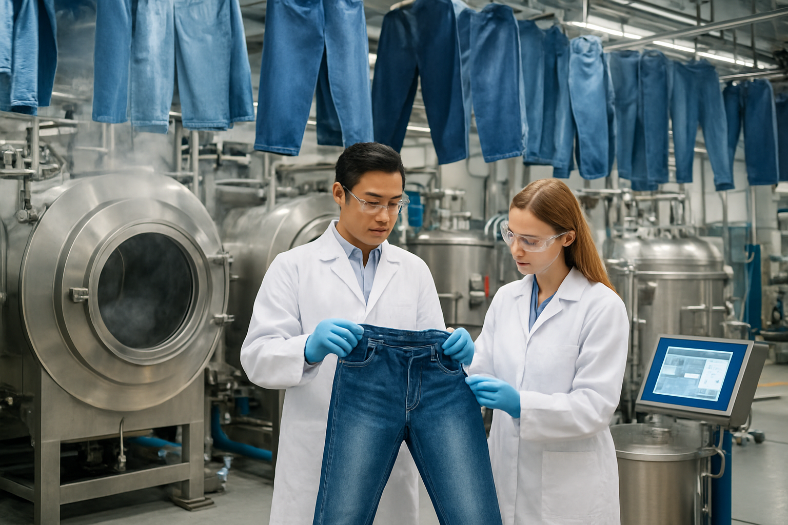 Create a realistic image of a modern denim manufacturing facility showing industrial washing machines and treatment equipment in action, with large stainless steel washing drums, chemical treatment tanks, and denim garments in various stages of wash processing, featuring Asian male and white female textile engineers in protective gear examining fabric samples and monitoring computerized control panels, surrounded by hanging denim pieces displaying different wash effects from light stone wash to dark indigo, with bright industrial lighting illuminating the clean factory floor and steam rising from the washing equipment, conveying a professional production environment focused on innovative denim finishing techniques, absolutely NO text should be in the scene.