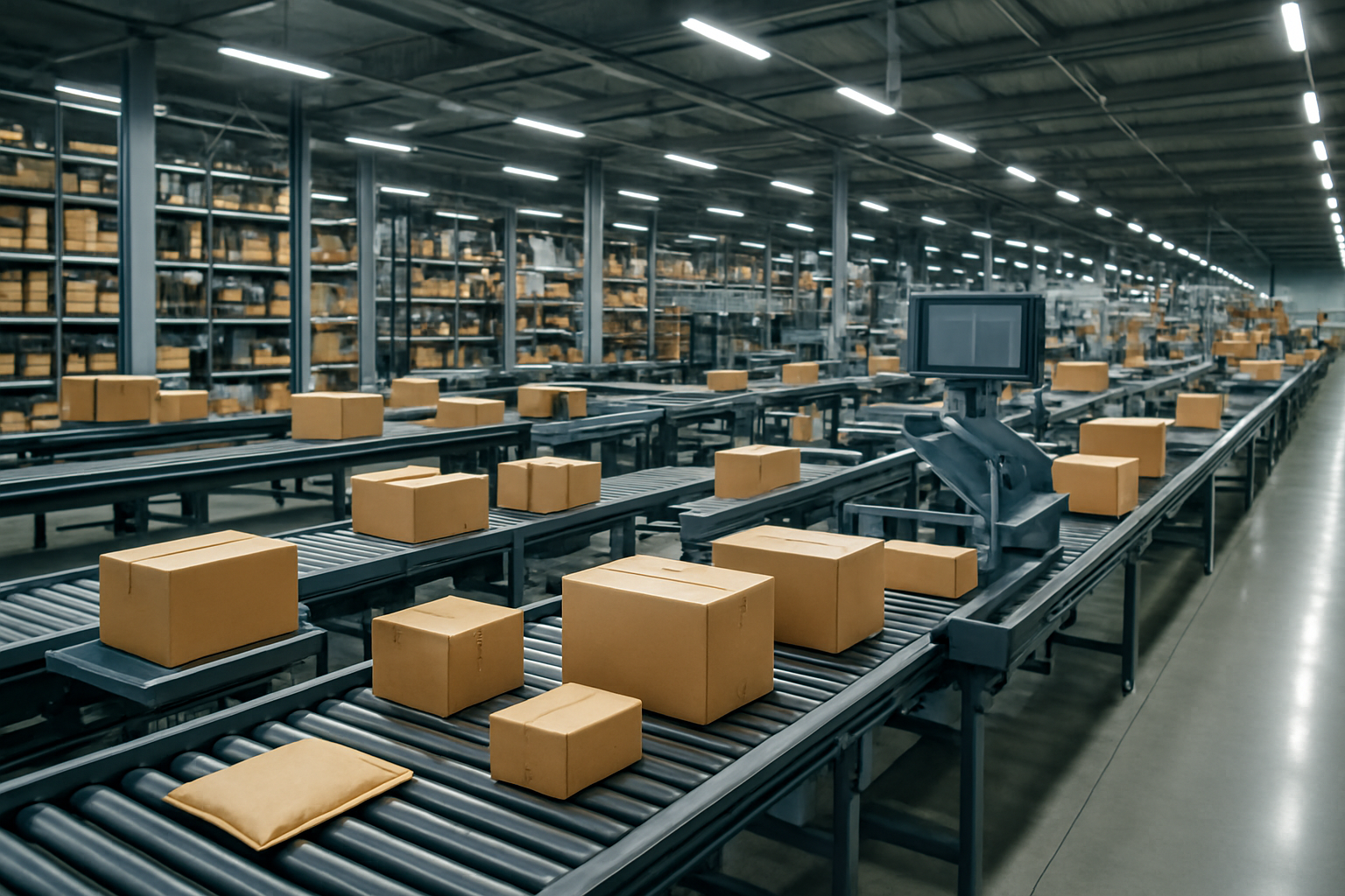 Create a realistic image of a modern warehouse or distribution center with multiple conveyor belts showing different sized product packages and boxes in various quantities, from small individual items to medium-sized bulk orders, with flexible sorting stations and adjustable packaging areas, bright industrial lighting illuminating the organized facility, clean concrete floors, metal shelving systems with diverse inventory, and automated sorting equipment demonstrating scalable order fulfillment capabilities, professional business atmosphere with efficient workflow design. Absolutely NO text should be in the scene.