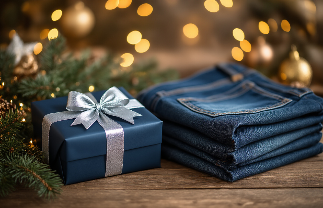 Create a realistic image of a beautifully wrapped Christmas gift box in elegant dark blue wrapping paper with a silver ribbon bow, sitting next to a pair of premium dark wash denim jeans artfully folded to showcase the quality stitching and fabric texture, placed on a rustic wooden surface with soft warm golden lighting creating a cozy holiday atmosphere, with subtle Christmas decorations like pine branches and warm bokeh lights in the blurred background, conveying luxury and thoughtful gift-giving without being overly festive, Absolutely NO text should be in the scene.