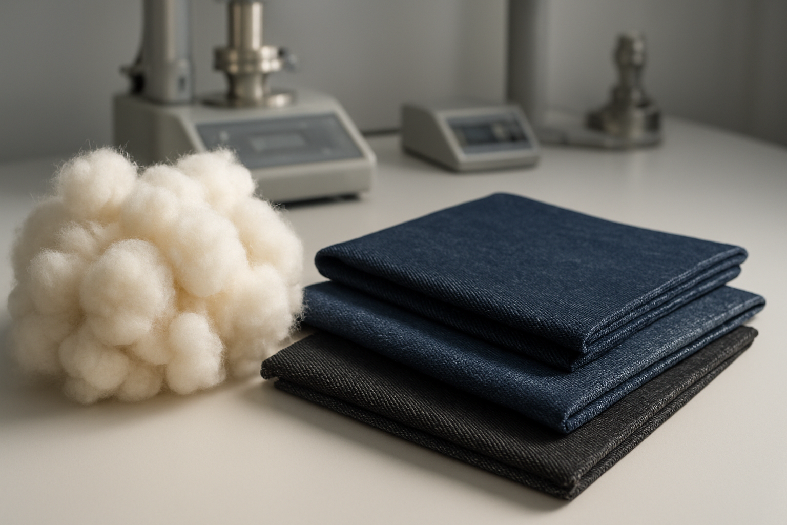 Create a realistic image of high-quality raw cotton fibers and premium denim fabric samples arranged on a clean white surface, showing the texture and weave detail of superior cotton materials used in export-quality denim manufacturing, with soft natural lighting highlighting the fabric's quality and craftsmanship, industrial textile testing equipment visible in the background, professional laboratory setting with quality control atmosphere, absolutely NO text should be in the scene.
