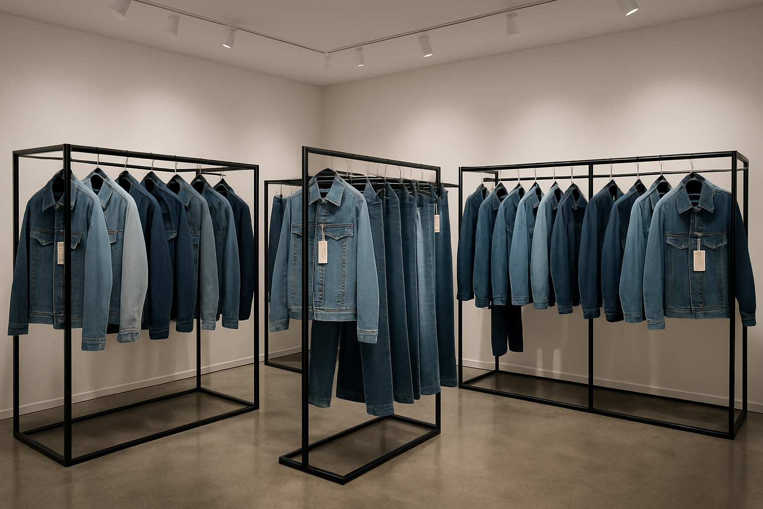 Create a realistic image of a modern fashion showroom displaying multiple denim clothing racks with various private-label jeans and jackets in different washes and styles, featuring elegant brand tags and labels attached to each garment, with professional lighting illuminating the premium denim pieces, polished concrete floors, minimalist white walls, and a sophisticated retail environment that emphasizes brand exclusivity and differentiation, absolutely NO text should be in the scene.