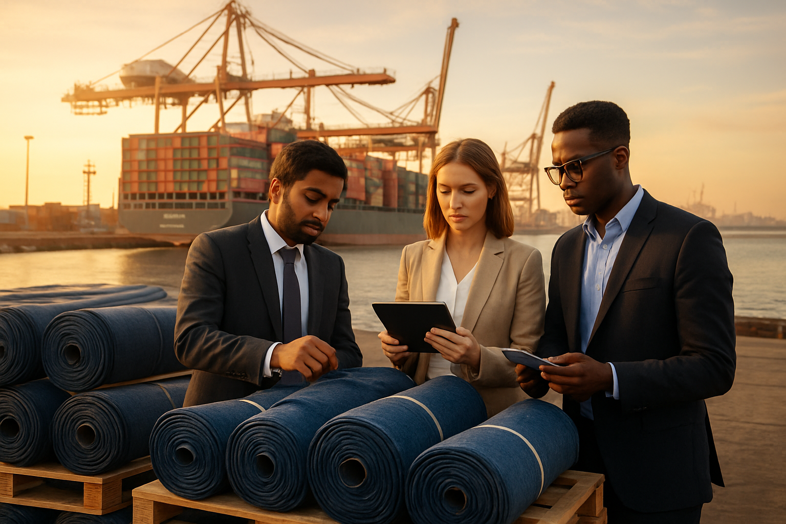 Create a realistic image of a global logistics and trade scene featuring a modern shipping port with colorful cargo containers, a large cargo ship in the background, rolls of premium denim fabric stacked on wooden pallets in the foreground, diverse business professionals including a South Asian male factory manager in formal attire examining fabric quality, a white female logistics coordinator with a tablet checking shipment details, and a black male buyer inspecting denim samples, set against a backdrop of international shipping operations with cranes and global trade infrastructure, warm golden hour lighting creating an atmosphere of successful international commerce and partnership, with Indian textile manufacturing facility silhouettes visible in the distant horizon, absolutely NO text should be in the scene.