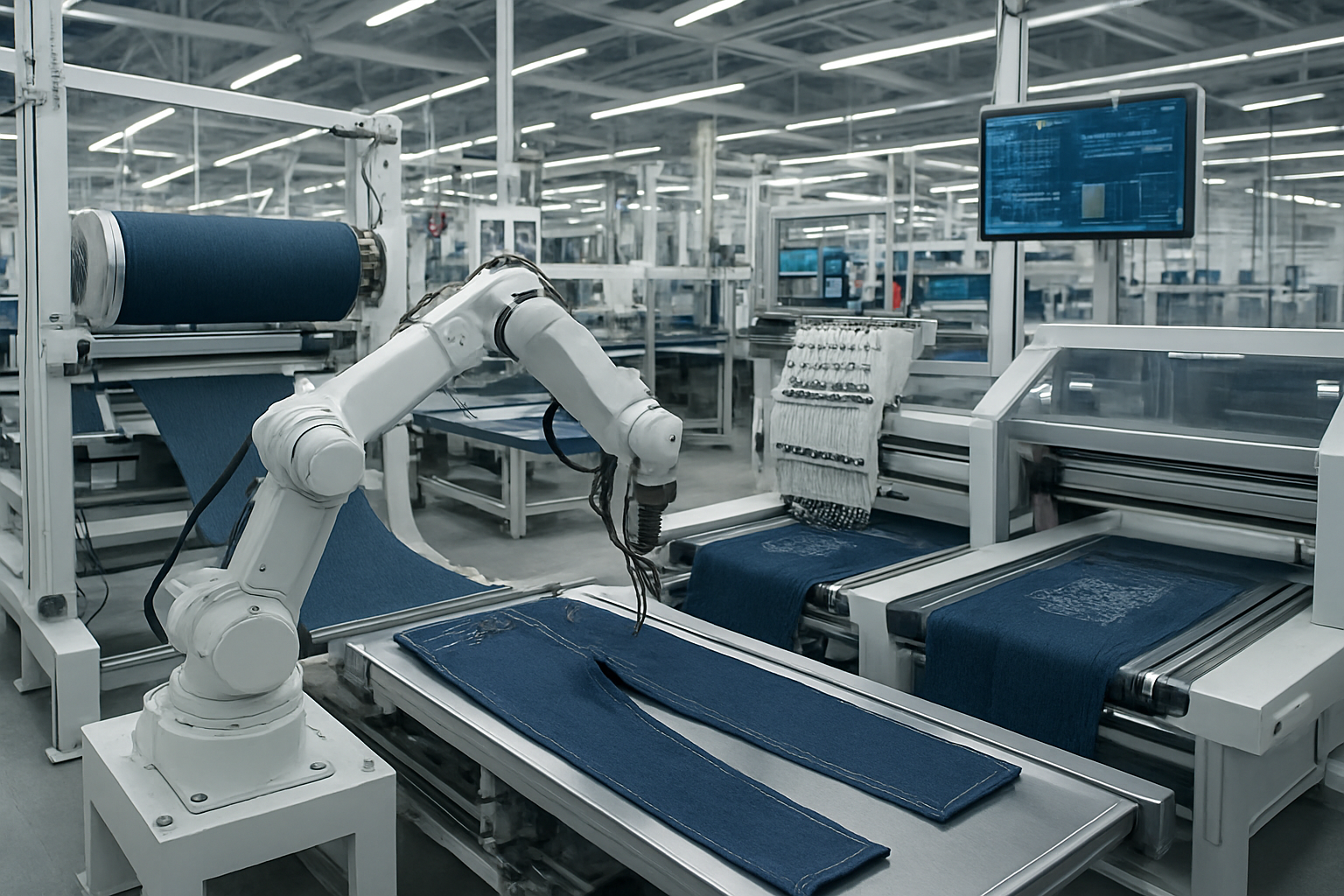 Create a realistic image of a modern denim manufacturing facility showcasing advanced technology with robotic arms performing precise stitching on denim fabric, laser cutting machines creating intricate patterns on jeans, automated fabric handling systems moving rolls of denim material, computer-controlled embroidery machines adding custom designs, and digital monitoring screens displaying production data, all set in a clean, well-lit industrial environment with white and steel-colored machinery against a backdrop of organized production lines, conveying innovation and precision manufacturing. Absolutely NO text should be in the scene.