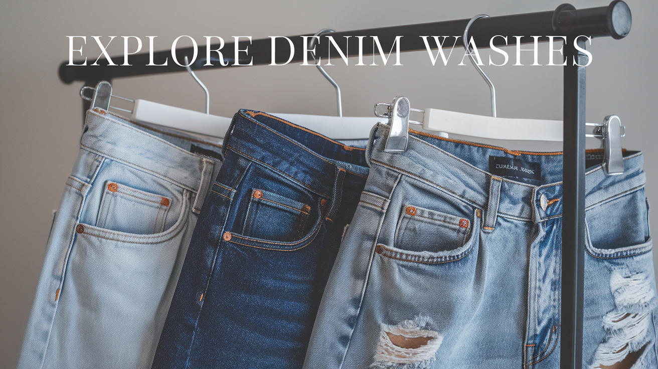 Create a realistic image of a clothing rack displaying four pairs of denim jeans in different washes: light, medium, dark, and a distressed specialty wash, with a text overlay reading "Explore Denim Washes" in a stylish font. The jeans should be neatly arranged, showcasing their distinct color variations and textures against a neutral background.