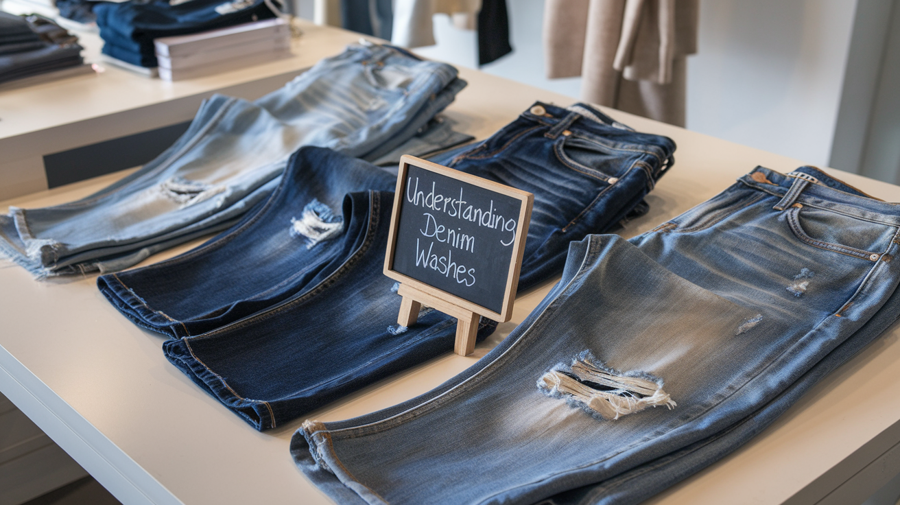 Create a realistic image of a well-lit clothing store display showcasing four pairs of denim jeans laid flat, each representing a different wash: light, medium, dark, and a specialty wash with distressed details. A small chalkboard sign reading "Understanding Denim Washes" is placed prominently in the foreground.