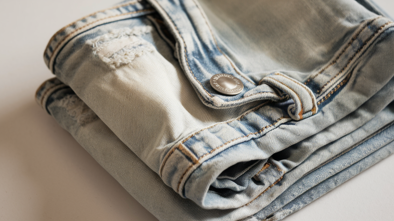 Create a realistic image of a folded pair of light wash denim jeans on a white background, showcasing the subtle, faded blue color and soft texture of the fabric, with visible stitching and a shiny metal button catching the light.