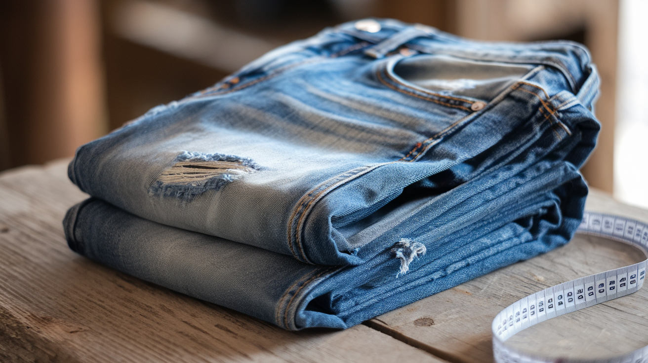 Create a realistic image of a close-up view of medium wash denim jeans folded neatly on a wooden surface, showcasing the texture and color of the fabric, with soft natural lighting highlighting the subtle variations in the blue hue, and a measuring tape partially visible to indicate size and fit.