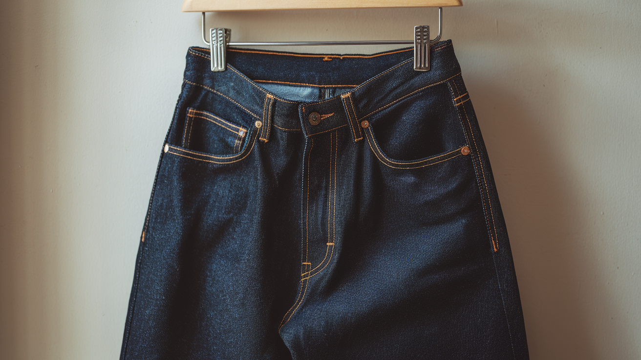 Create a realistic image of a pair of dark wash denim jeans hanging on a wooden hanger against a light-colored wall, showcasing the deep indigo color and subtle texture of the fabric, with soft lighting highlighting the rich, saturated hue and minimal fading or distressing.