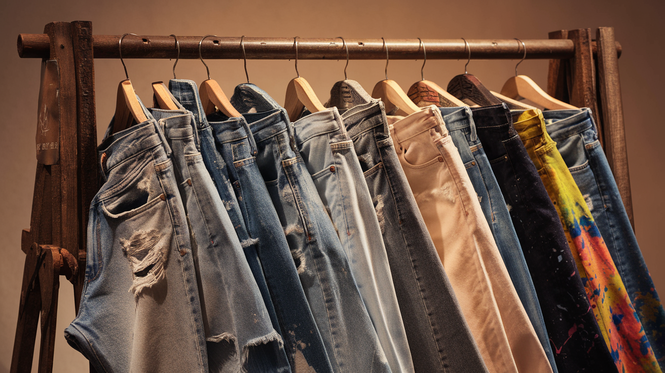 Create a realistic image of a close-up view of several pairs of jeans with unique specialty washes, including acid-washed, distressed, tie-dye, and paint-splattered denim, hanging on a rustic wooden rack against a neutral background, with warm studio lighting highlighting the intricate details and textures of each wash.