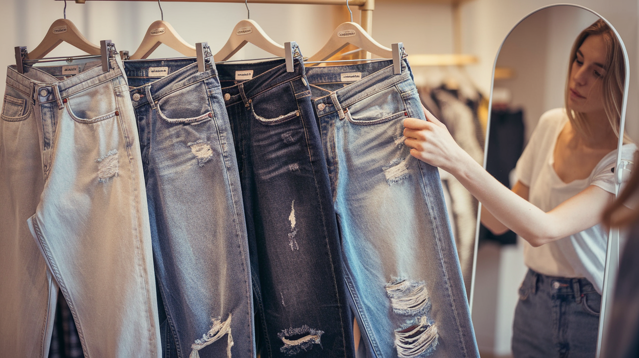 Create a realistic image of a clothing store display featuring four pairs of denim jeans hanging side by side, each representing a different wash: light, medium, dark, and a specialty wash with distressed details. A white female customer in her 20s is examining the jeans, holding up a medium wash pair against herself in a full-length mirror. Soft, warm lighting illuminates the scene, highlighting the texture and color variations of the denim.