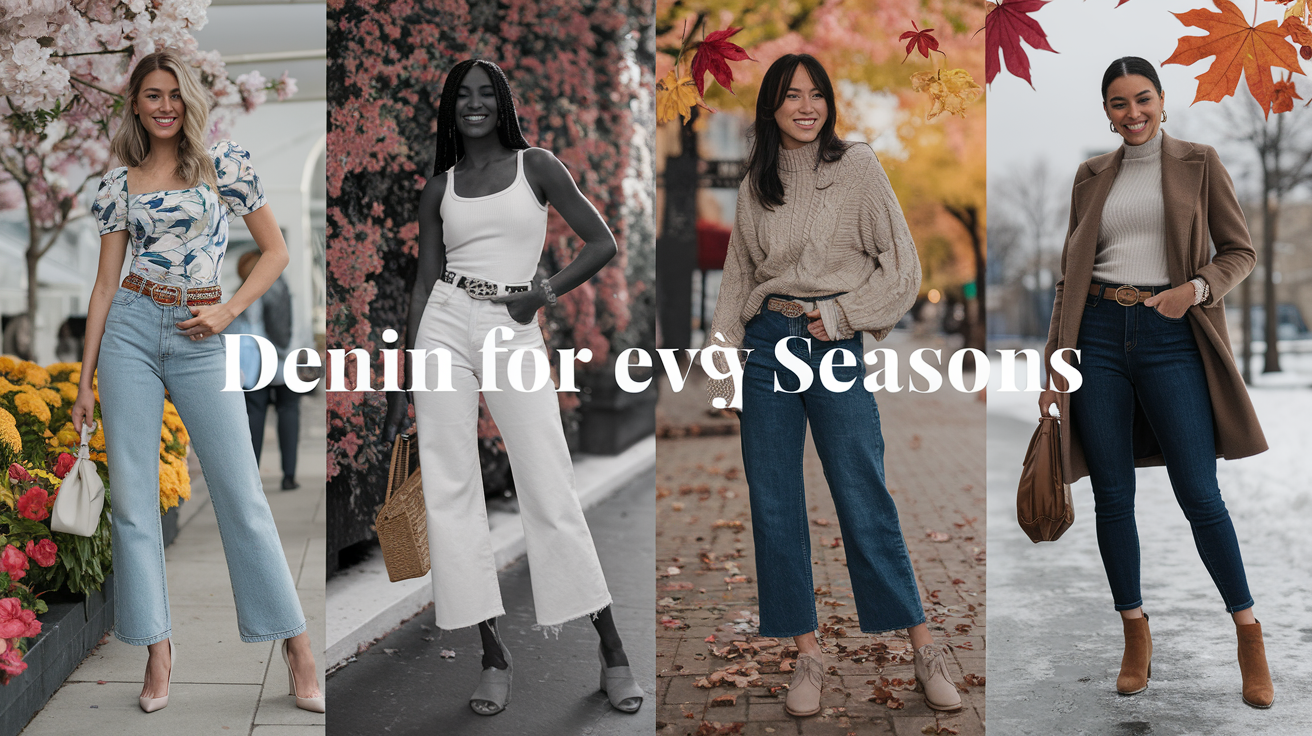 Create a realistic image of a diverse group of four women (white, black, Asian, and Hispanic) wearing premium denim jeans styled for different seasons, standing together in a city street. Each woman's outfit represents a distinct season: spring floral top and light wash jeans, summer white cropped jeans and tank top, fall dark wash jeans with a cozy sweater, and winter skinny jeans tucked into boots with a coat. Include accessories like statement belts, seasonal footwear, and bags. The background should showcase elements of all four seasons. Add text overlay: "Denim for Every Season".