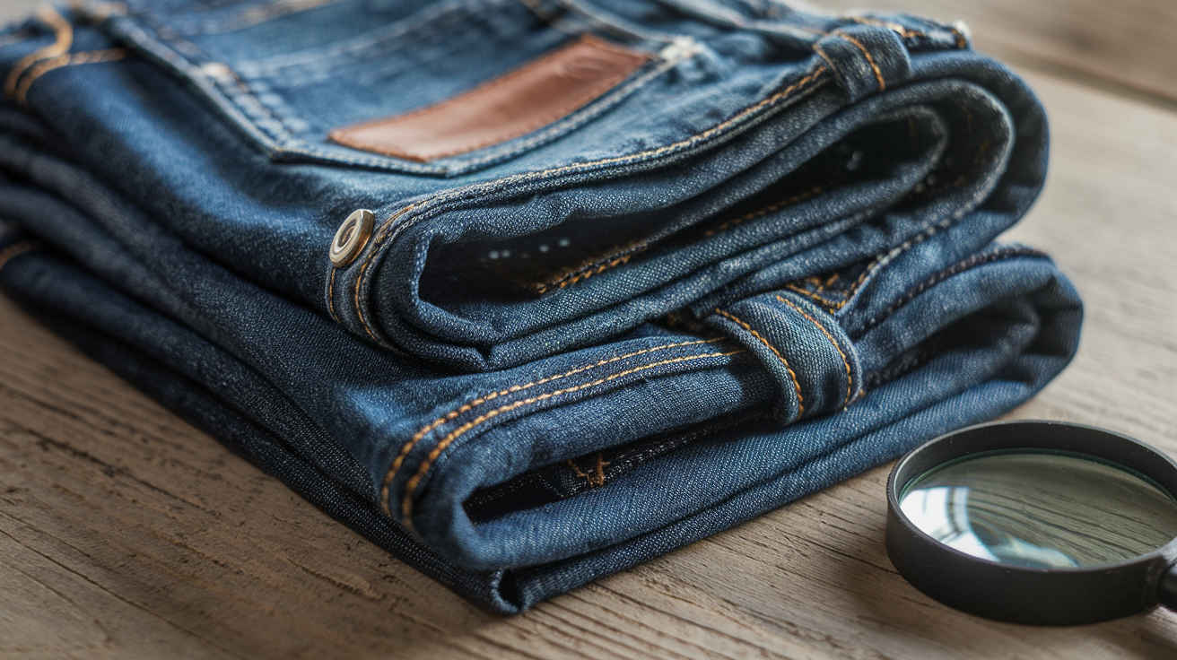 Create a realistic image of a close-up view of neatly folded premium denim jeans, showcasing high-quality stitching, rivets, and a leather patch. The jeans are placed on a wooden surface with soft, natural lighting highlighting the rich indigo color and subtle texture of the denim fabric. A small magnifying glass rests nearby, emphasizing the focus on details and quality.