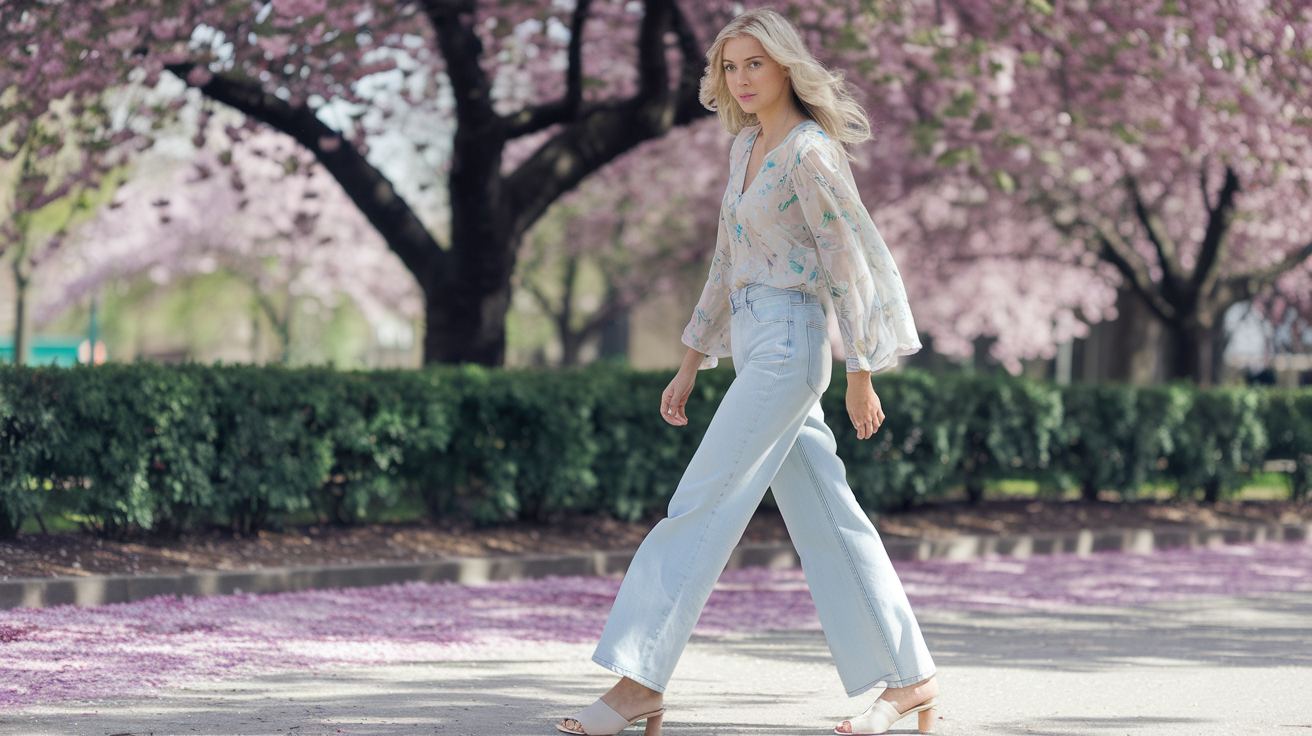 Create a realistic image of a white female model in her mid-20s wearing light-wash premium denim jeans, paired with a pastel floral blouse and light beige sandals, walking in a sunny park with blooming cherry blossom trees in the background, capturing the essence of spring fashion and casual elegance.