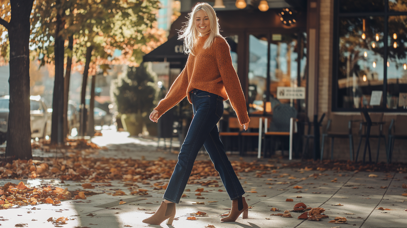 Create a realistic image of a white female model wearing premium dark blue denim jeans, paired with a cozy orange sweater and brown ankle boots, walking on a leaf-covered sidewalk with autumn trees in the background, warm golden hour lighting, and a coffee shop visible in the distance.