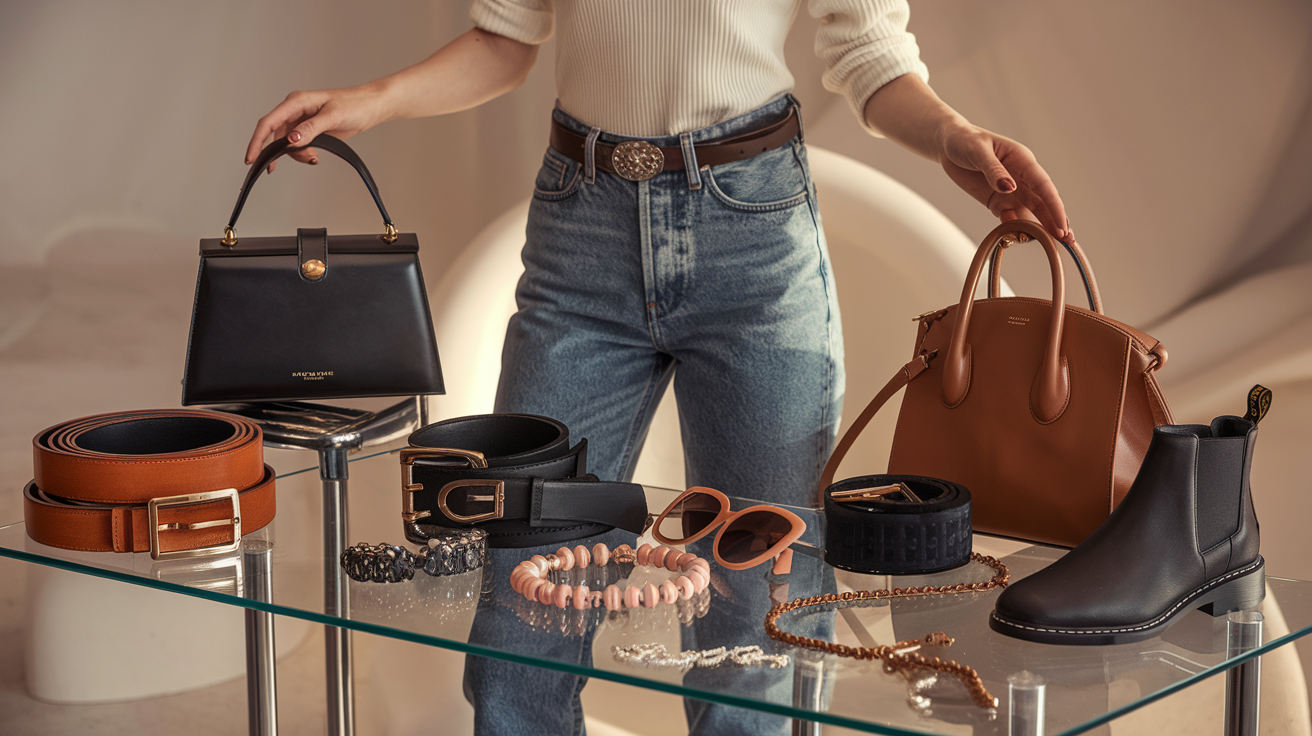 Create a realistic image of a stylish white female model wearing premium denim jeans, surrounded by various accessories like leather belts, designer handbags, statement necklaces, sunglasses, and ankle boots, arranged on a sleek white table against a soft, neutral background, with warm, flattering lighting highlighting the textures and details of the accessories and denim.