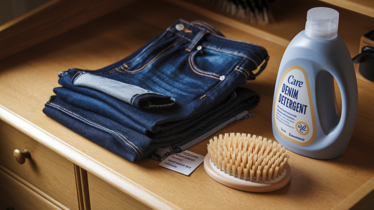Create a realistic image of a pair of high-quality dark blue denim jeans folded neatly on a wooden dresser, with a soft brush, specialized denim detergent bottle, and a care label visible nearby, illuminated by soft, warm lighting to emphasize texture and details.
