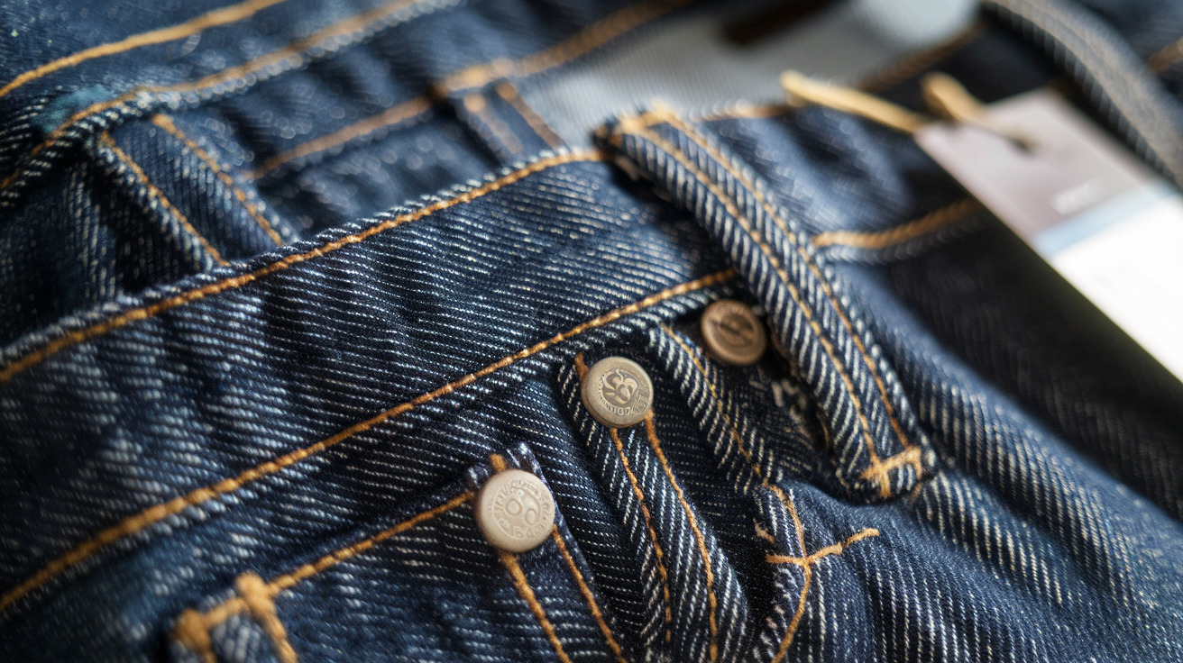 Create a realistic image of a close-up view of premium denim fabric with visible high-quality stitching and rivets, showcasing intricate weave patterns and rich indigo color variations, with a soft natural light highlighting the texture and sheen of the denim, and a price tag partially visible in the corner suggesting premium value.