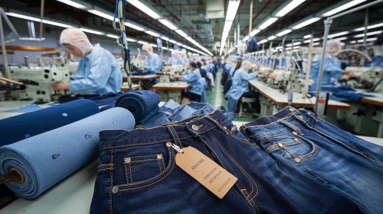 Create a realistic image of a well-lit clothing factory interior with rows of sewing machines, workers in protective gear, and rolls of premium denim fabric in various shades of blue. In the foreground, display a price tag attached to a pair of high-quality jeans, with visible stitching and rivets. Include a backdrop of industrial machinery and a quality control station to emphasize the manufacturing process.