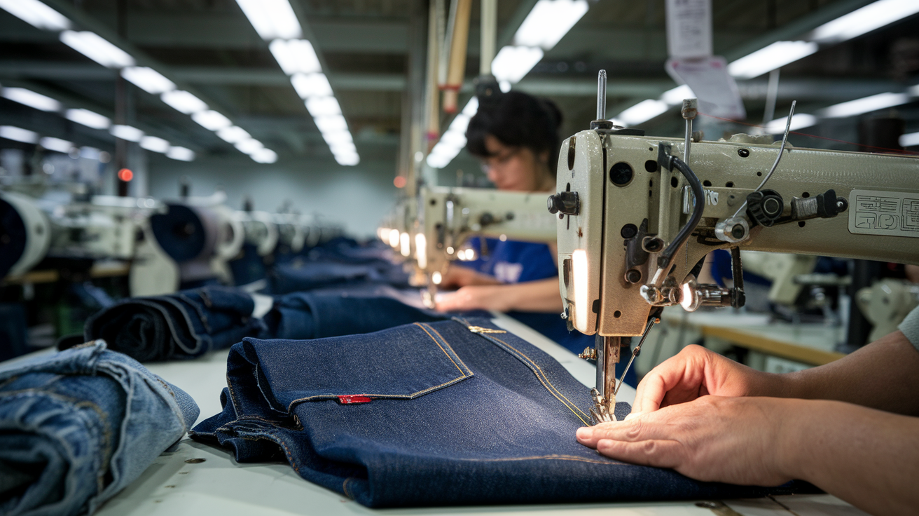 Create a realistic image of a well-lit denim factory floor with rows of industrial sewing machines operated by skilled workers, large rolls of indigo denim fabric in the background, and a close-up view of hands carefully stitching a pair of premium jeans in the foreground, showcasing the intricate manufacturing process and attention to detail.