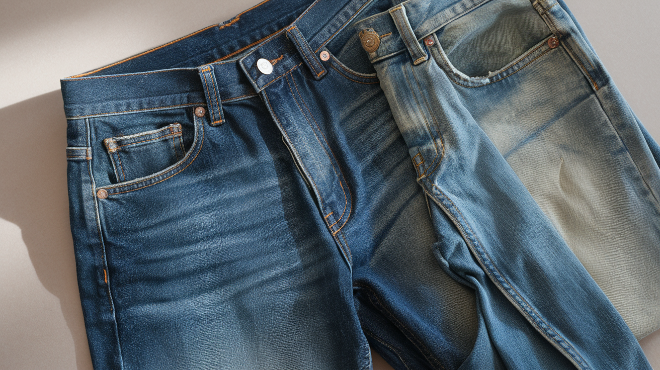 Create a realistic image of a close-up view of premium denim jeans, focusing on the sturdy stitching and high-quality fabric texture, with a subtle wear pattern on the thighs suggesting long-term use without significant damage, arranged next to a traditional pair of worn-out, frayed jeans for contrast, all set against a neutral background with soft, natural lighting to highlight the durability of the premium denim.