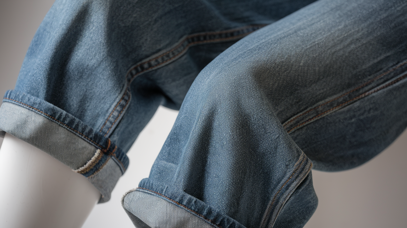 Create a realistic image of a closeup view of premium denim jeans on a white mannequin's legs, highlighting the impeccable stitching, perfect fit around the hips and thighs, and a slight taper towards the ankles, with a soft studio lighting emphasizing the rich indigo color and subtle texture of the fabric.