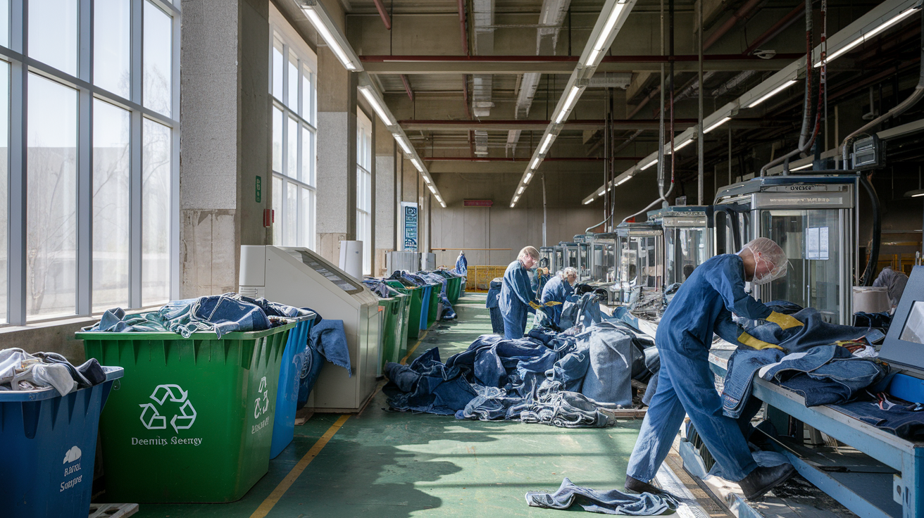 Create a realistic image of a denim factory interior with eco-friendly production methods visible, including recycling bins, energy-efficient machinery, and workers in protective gear sorting through denim scraps, with natural light streaming through large windows, emphasizing the sustainable aspects of premium denim manufacturing.