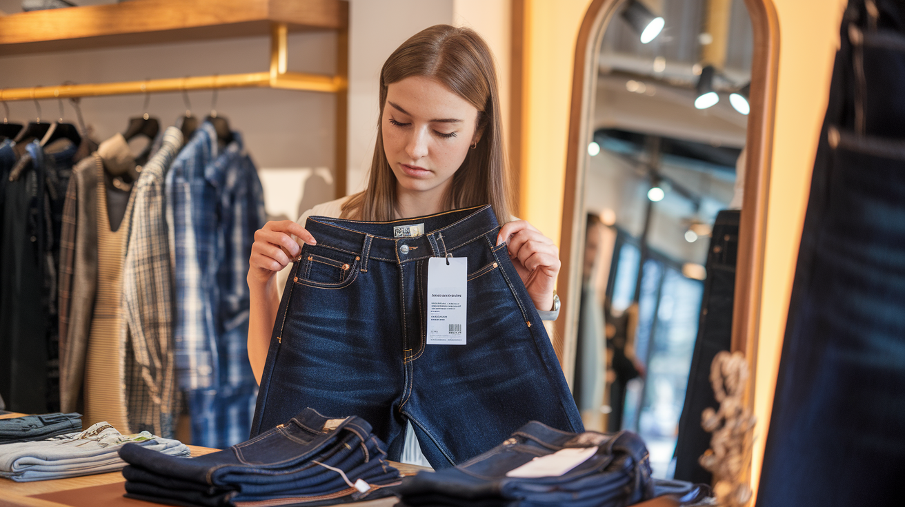 Create a realistic image of a young white female examining a high-quality pair of dark blue denim jeans in a stylish boutique, with a price tag visible, surrounded by other premium clothing items, warm lighting highlighting the texture of the denim, and a full-length mirror in the background reflecting her thoughtful expression.