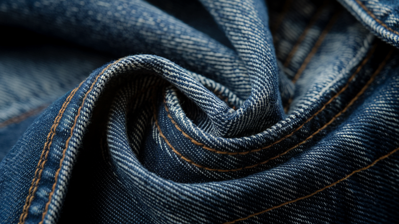 Create a realistic image of premium denim jeans fabric shown in extreme close-up detail, highlighting the tight weave, rich indigo color, and quality stitching with gold thread that sets designer jeans apart, displayed under soft studio lighting that accentuates texture and craftsmanship.