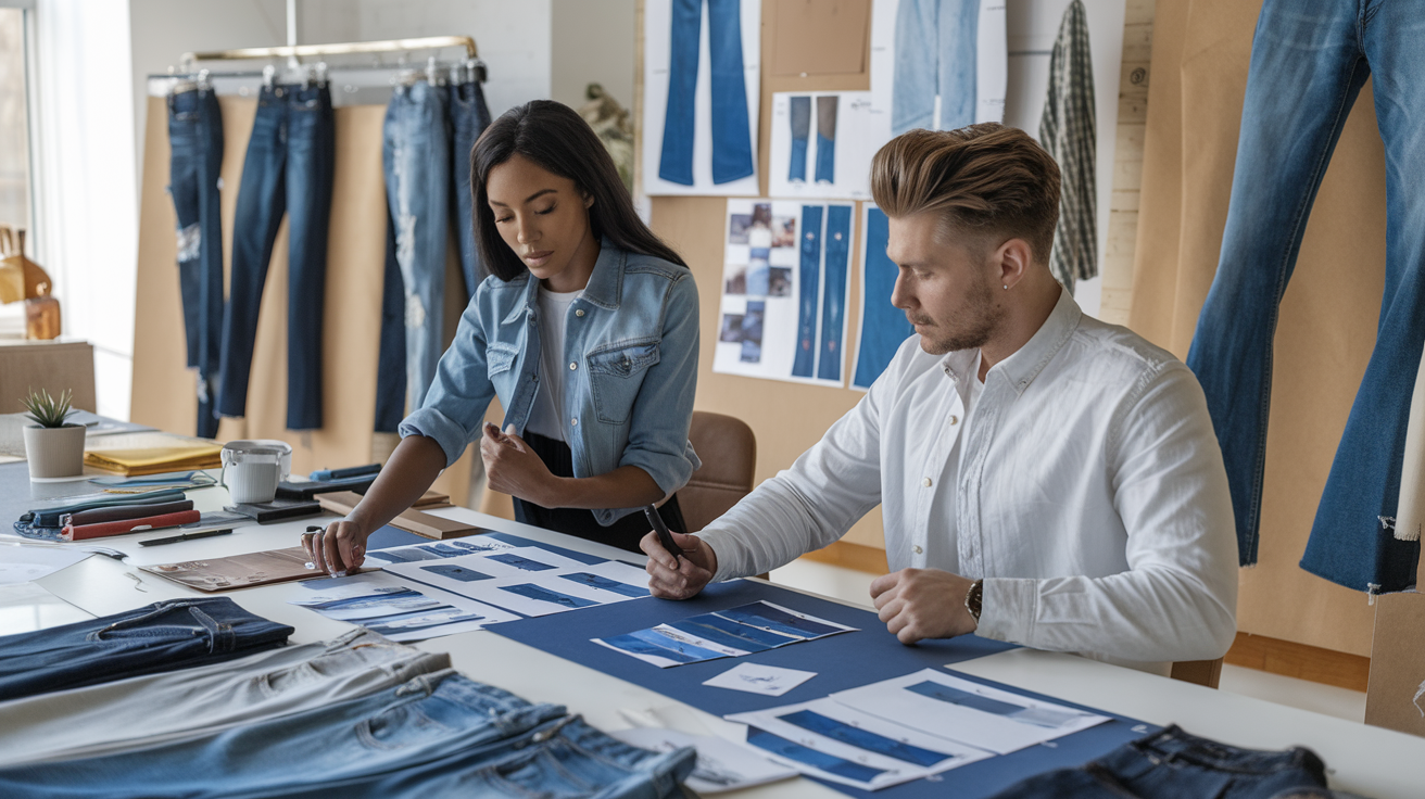 Create a realistic image of a diverse fashion design studio with a Black female designer and a white male designer working on premium denim samples, surrounded by sketches, fabric swatches, and trend boards showing innovative jean designs, with bright natural lighting highlighting the premium quality of the denim fabric and modern styling elements.