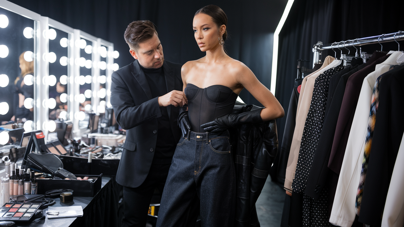 Create a realistic image of a fashionable female celebrity (mixed race) in a stylish outfit centered around premium dark wash jeans, being styled by a professional stylist (white male) backstage before an event, with makeup and accessory stations visible in the background, bright vanity lights creating a glamorous atmosphere, and clothing racks showing the versatility of jean styling options.