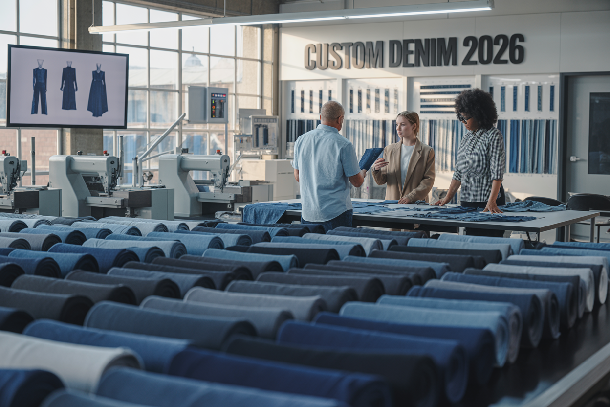 Create a realistic image of a modern textile manufacturing facility with rows of high-quality denim fabric bolts in various shades of blue displayed prominently in the foreground, sleek cutting and sewing machines operating in the mid-ground, a diverse group of fashion designers including a white female and black male examining denim samples at a consultation table, large windows providing natural lighting that illuminates the professional workspace, digital screens showing fabric patterns and designs mounted on walls, with the text "Custom Denim 2026" prominently displayed on a modern wall sign, conveying an atmosphere of innovation, quality craftsmanship, and global commerce in the fashion industry.
