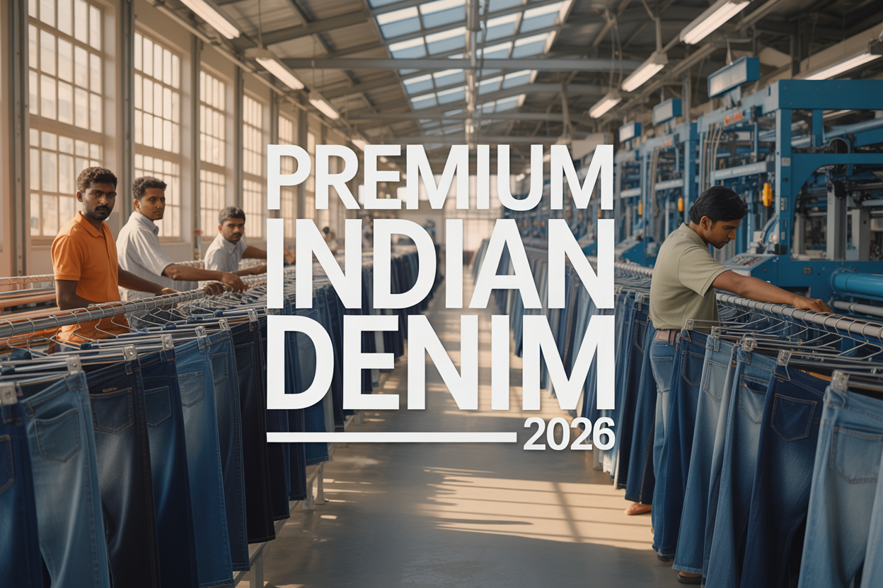 Create a realistic image of a modern textile manufacturing facility in India showcasing premium denim production, featuring rows of high-quality dark blue denim jeans hanging on industrial racks, advanced weaving machinery in the background, warm natural lighting streaming through large windows, with visible sustainability elements like solar panels on the ceiling, and including diverse workers (Indian male and female textile workers) inspecting denim quality, with the text "Premium Indian Denim 2026" prominently displayed in modern white typography overlaying the scene, conveying innovation, quality craftsmanship, and sustainable manufacturing excellence.