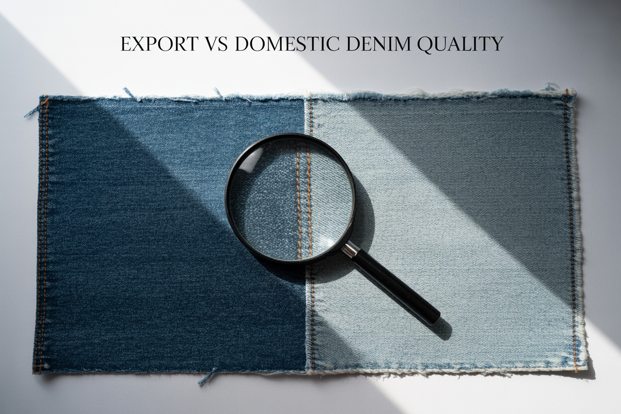 Create a realistic image of a side-by-side comparison showing two pieces of denim fabric laid flat on a white surface, with the left piece representing export-quality denim displaying a rich, deep indigo color with tight, uniform weaving, and the right piece showing domestic denim with lighter, less consistent coloring and looser weave, both pieces illuminated by bright, even lighting from above, with a subtle magnifying glass hovering over the export-quality fabric to emphasize inspection and quality standards, and the text "Export vs Domestic Denim Quality" elegantly displayed at the top of the image in clean, modern typography.