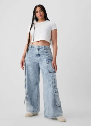 Blue Mid Rise Cargo Baggy Jeans